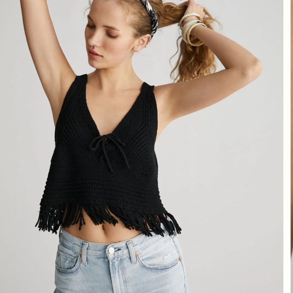 NWT Anthropologie Pilcro Black Fringe Sweater Tank Crochet Top Petite Medium